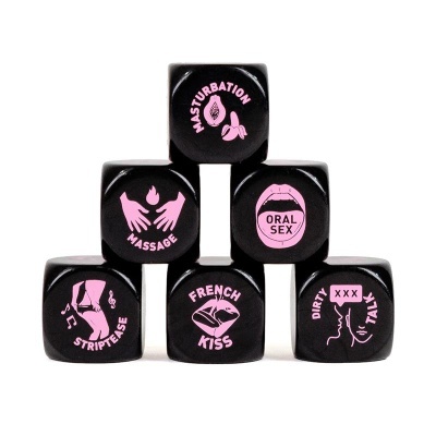 Dados negros com texto e ícones rosa de atividades sexuais.