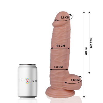 Dildo realista de cor pele com medidas e lata branca com a palavra intense