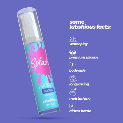 Frasco azul e rosa de produto chamado Splash com texto descritivo ao lado sobre características.