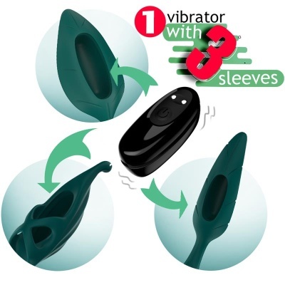 Vibrador preto com três capas verdes intercambiáveis e controlo remoto preto.