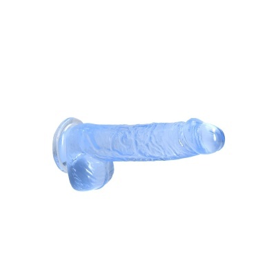 Dildo realista azul translúcido com ventosa em fundo branco