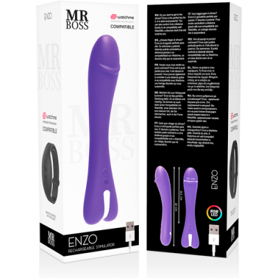 Embalagem de estimulador roxo recarregável ENZO da MR BOSS com cabo USB e logo Watchme
