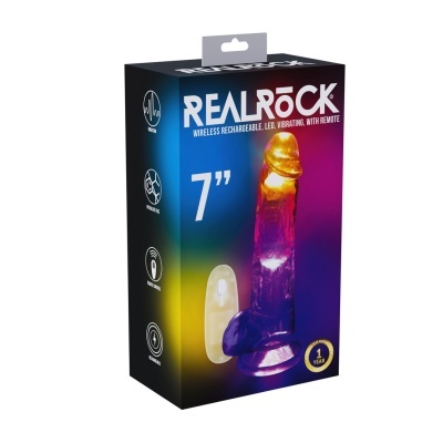 Embalagem do produto REAL ROCK com dildo vibratório recarregável e comando remoto