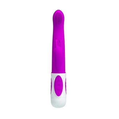 Vibrador roxo com base branca e textura de pontos na ponta