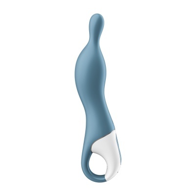 Vibrador azul e branco com design curvo e anel na base