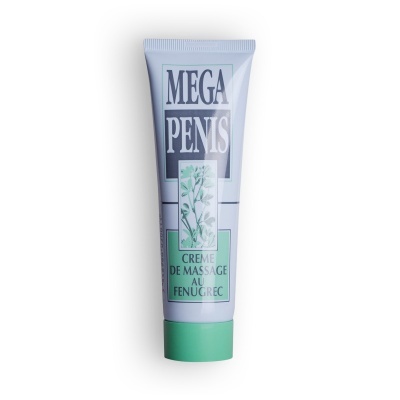 Tubo de creme com rótulo MEGA PENIS sobre fundo branco.