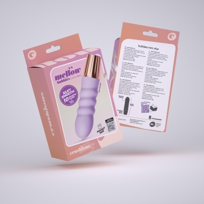 Embalaem de vibrador mini roxo com ponta dourada e instruções multilingues