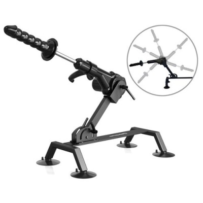 Máquina mecânica preta com suporte e braço ajustável