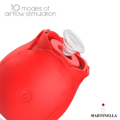Dispositivo vermelho em forma de rosa com estímulo de fluxo de ar e texto promocional