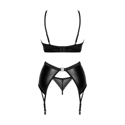 Conjunto de lingerie preto com soutien, cinta-liga e detalhe em renda.