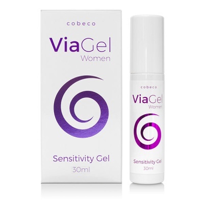 ViaGel Women Sensitivity Gel embalagem e frasco branco e púrpura com padrão espiral