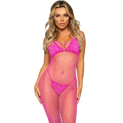 Vestido rosa de rede transparente com sutiã e cueca cor-de-rosa