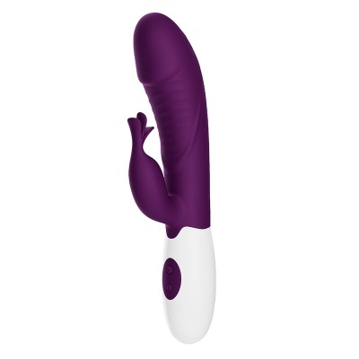 Vibrador roxo com estimulador externo em forma de coelho e base branca com botões