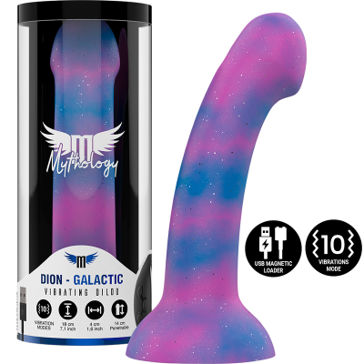 Dildo vibratório azul e rosa galáctico com embalagem preta Mythology