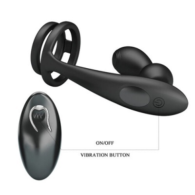 Dispositivo preto com controle remoto e botões ON/OFF e VIBRATION BUTTON