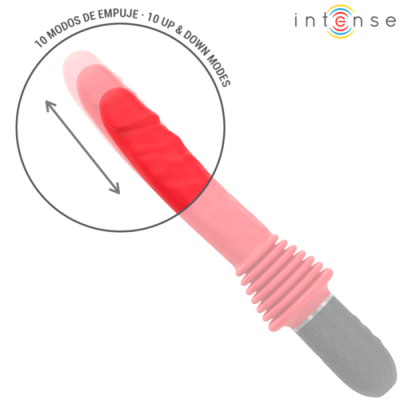 Vibrador rosa com texto sobre modos de empuxe e logo Intense