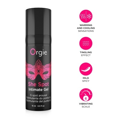 Frasco preto de gel íntimo Orgie She Spot com máscara rosa decorativa e texto descriptivo.