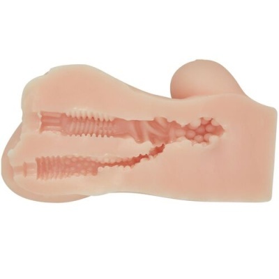 Produto em silicone cor de pele com textura interna detalhada em corte transversal