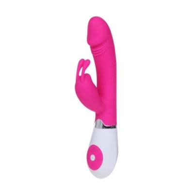 vibrador rosa com base branca e acessório em forma de coelho