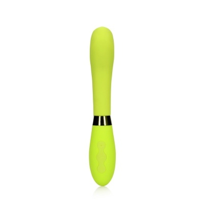Vibrador verde com acabamento dourado e cabo com botão