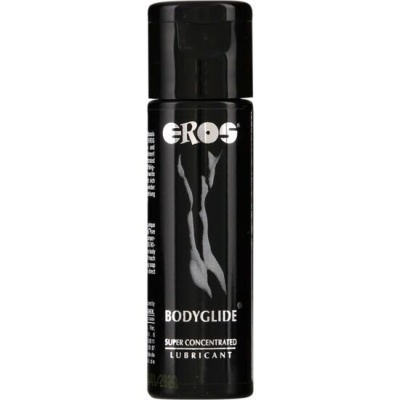 Frasco preto cilíndrico com tampa e texto branco EROS Bodyglide