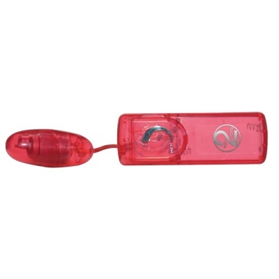 Aparelho vibratório pequeno em plástico vermelho translúcido com controle retangular e logotipo