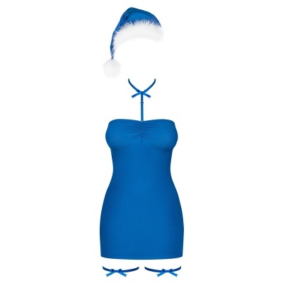 Vestido curto azul com gorro azul de Natal com pompom branco.