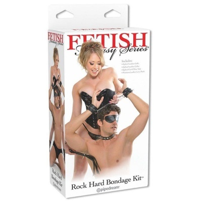 Caixa do Rock Hard Bondage Kit Fetish Fantasy Series com casal usando acessórios de couro preto.