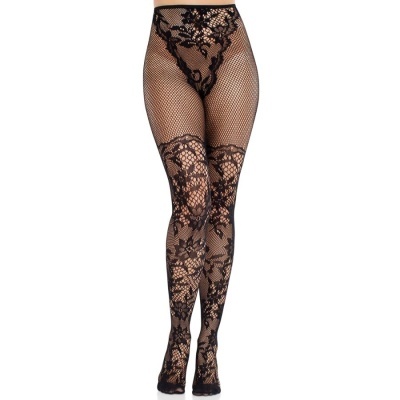 Meia-calça preta de renda com padrão floral e malha