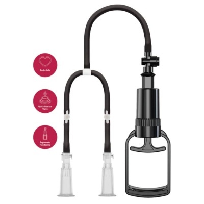 Bomba manual ergonómica preta com tubos flexíveis e dois adaptadores transparentes