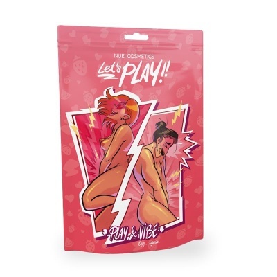Embalagem rosa de cosméticos com ilustração de duas personagens nuas em estilo desenho animado