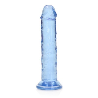 Dildo azul translúcido com veias e base circular em fundo branco