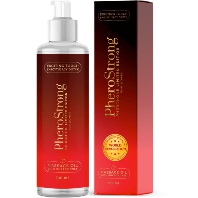 Óleo de massagem PheroStrong com embalagem vermelha e preta e texto dourado.