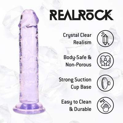 Dildo roxo translúcido com base de ventosa e texto sobre características do produto