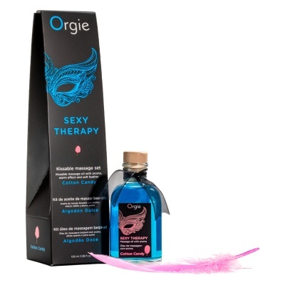 Conjunto óleo de massagem Orgie Sexy Therapy Cotton Candy com embalagem, garrafa azul e pena rosa