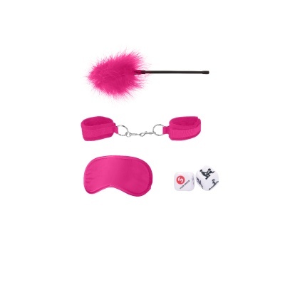 Conjunto erótico rosa com algemas, máscara, venda com penas e dados temáticos