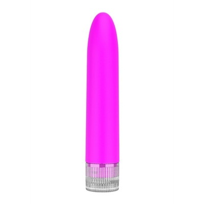 Vibrador rosa cilíndrico com base translúcida texturada