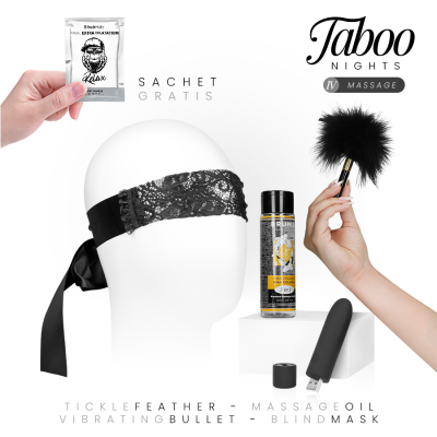 Conjunto erótico com venda, pena preta, óleo de massagem, vibrador bullet preto e sachet amostra grátis.
