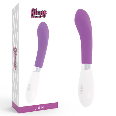 Vibrador roxo com cabo branco e embalagem branca com texto Glossy e JOHN