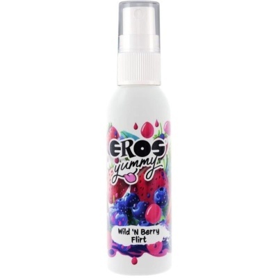 Frasco de spray branco com rótulo colorido de bagas vermelhas e roxas e texto EROS yummy Wild N Berry Flirt