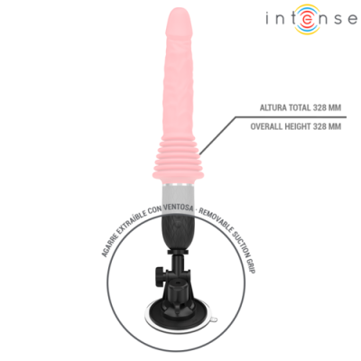 Dildo cor-de-rosa com ventosa preta e texto descritivo