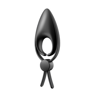 Objeto preto liso com formato oval e suporte inferior em fundo branco.