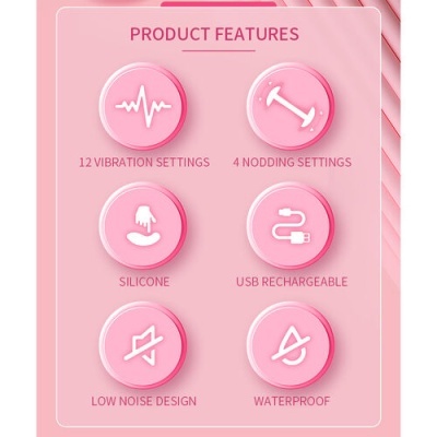Ícones e texto descrevem características do produto em cor-de-rosa com fundo rosa