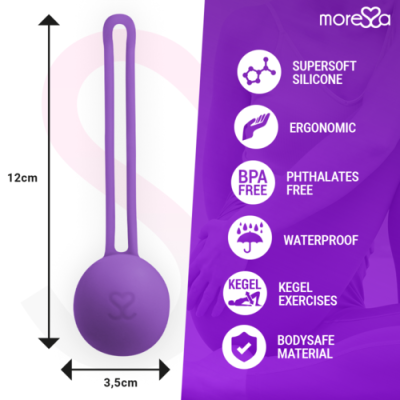 Produto esférico roxo com alça de silicone e características impressas ao lado