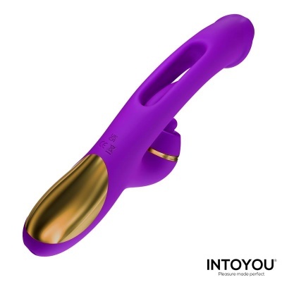 Vibrador roxo com detalhe dourado e símbolos CE e reciclável