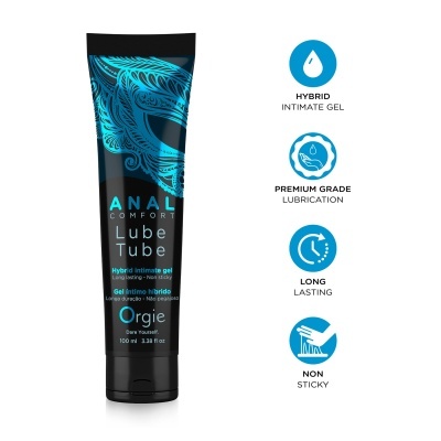 Embalagem de gel íntimo híbrido anal preta e azul com texto e ícones azuis