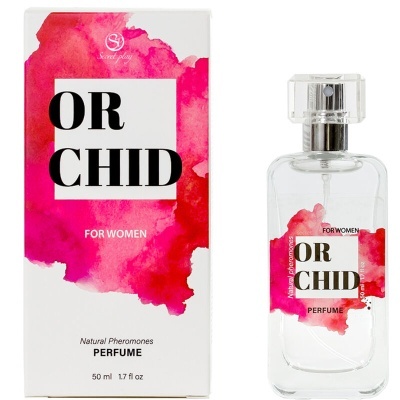 Perfume ORCHID para mulheres com embalagem branca e detalhes vermelhos e rosa.