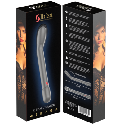 Embalagem de vibrador G-SPOT Ibiza cinza com dimensões e imagem de mulher com roupa de renda preta