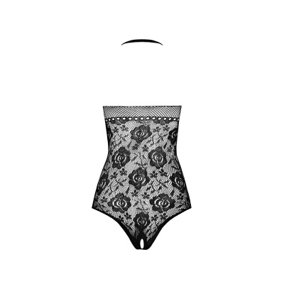 Body preto em renda floral tomara que caia com abertura frontal