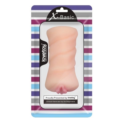 Toy sexual texturizado de cor pele na embalagem com riscas coloridas e texto.
